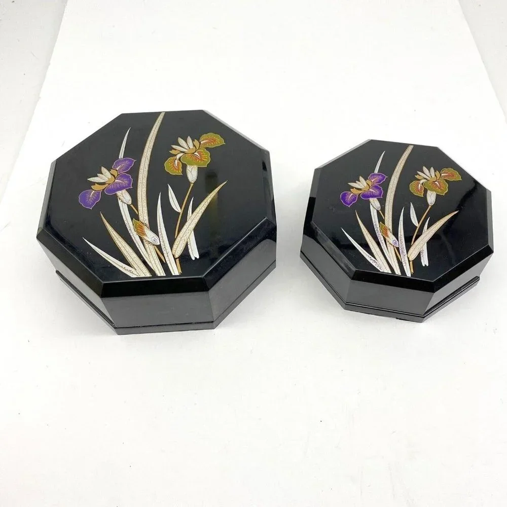 VTG‎ Yamanaka Japan Lacquerware Nesting Boxes Black Floral Trinket 2pc 70s *flaw